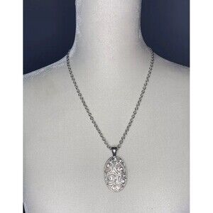 Womens Silver Tone Chain Necklace Oval Pendant Crystal Accent Stones 17 Inch